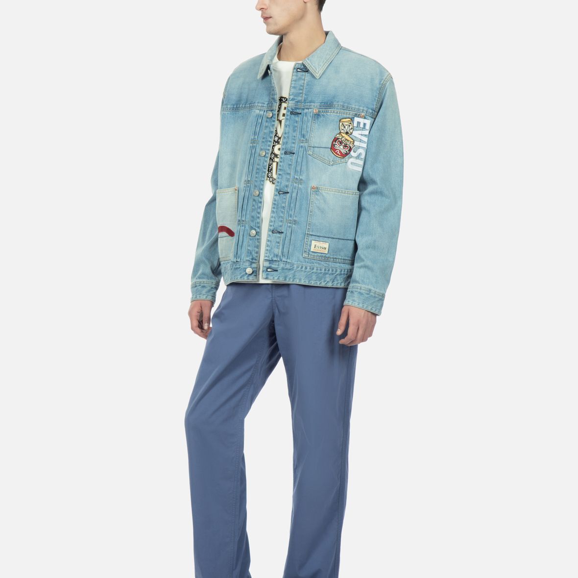 Sizing EVISU 刺绣招财猫达摩蓝色牛仔夹克 2ESHTM3DJ715RXCT