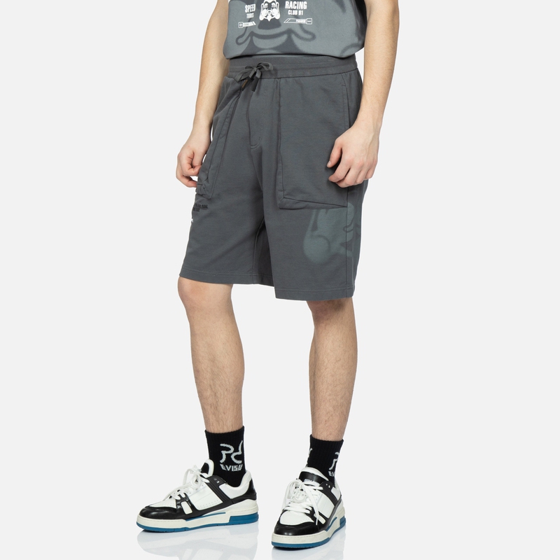 Shop EVISU Seluar Pendek Kelabu dengan Sulaman Seagull & Rekaan Cetakan Buddha. 2ESHTM3ST580LFCT