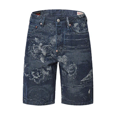 EVISU Japanese Pattern Seagull Denim Shorts in Blue. 2ESHTM2DS202XXCT