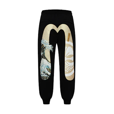 EVISU Kanagawa Wave Print Sweatpants - Black Relaxed Fit Casual Pants 2ESHTM4SP7094RXCT