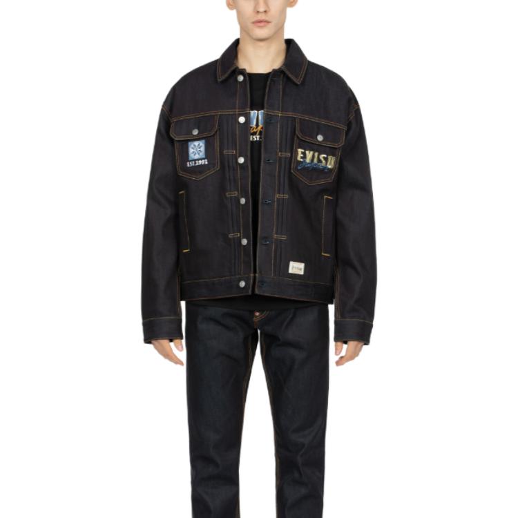 EVISU  Logo Print Denim Jacket with Collar Long Sleeves - Dark Blue 2EAHTM3DJ1007LFCT 圖 4