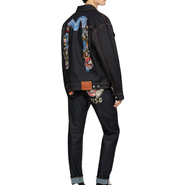 EVISU  Logo Print Denim Jacket with Collar Long Sleeves - Dark Blue 2EAHTM3DJ1007LFCT 圖 6