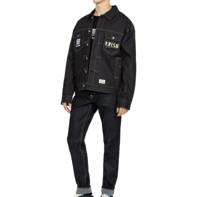 EVISU  Logo Print Denim Jacket with Collar Long Sleeves - Dark Blue 2EAHTM3DJ1007LFCT 圖 7