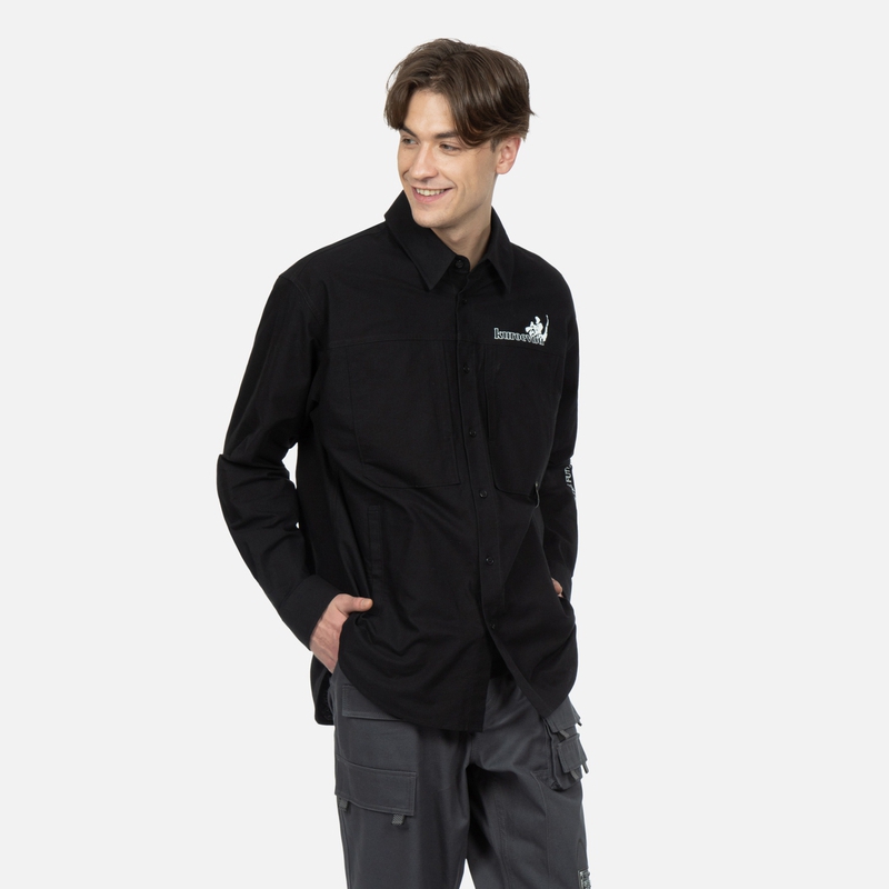 Shop EVISU 黑色長袖襯衫，字母Logo印花設計及翻領款式。 2ESGNM3SL213RXCT