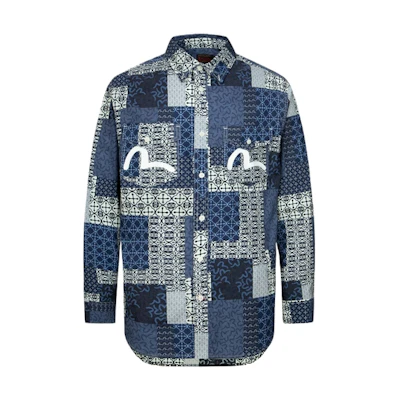 EVISU Long Sleeve Shirt with All-Over Kamon and Seagull Pattern. 2ESHTM4SL7019RXCT