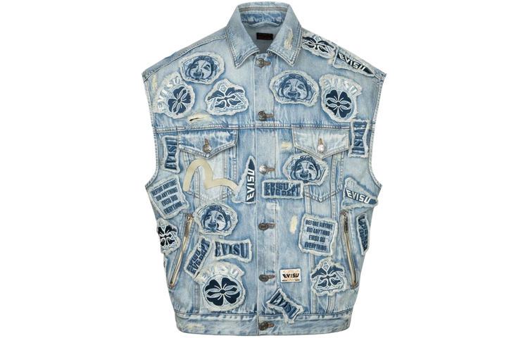 EVISU  Oversized Distressed Denim Vest with Multiple Badges 2ESHTM4VS8109LFDN