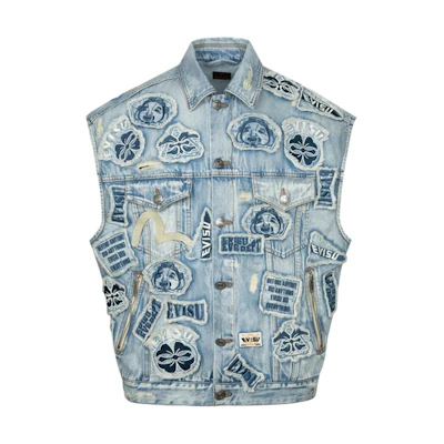 EVISU Oversized Distressed Denim Vest with Multiple Badges 2ESHTM4VS8109LFDN