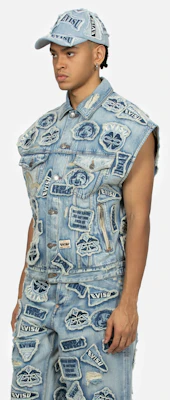 EVISU 寬鬆破損牛仔背心多徽章設計 2ESHTM4VS8109LFDN Shop EVISU 寬鬆破損牛仔背心多徽章設計 2ESHTM4VS8109LFDN