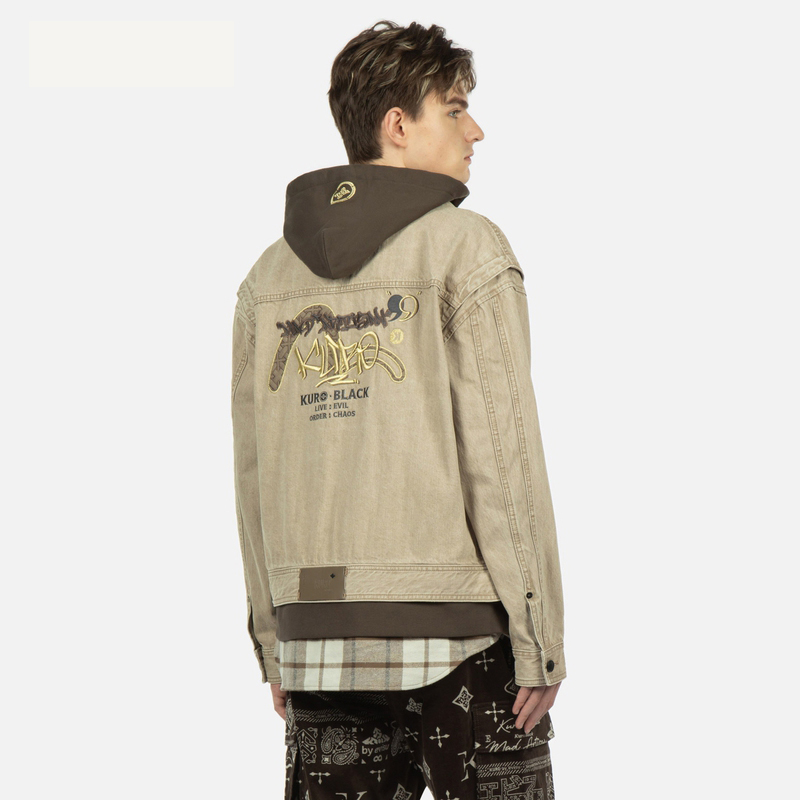 EVISU  Patchwork Denim Jacket with Embroidery in Khaki. 2EAGNM2DJ700LFCT 圖 4