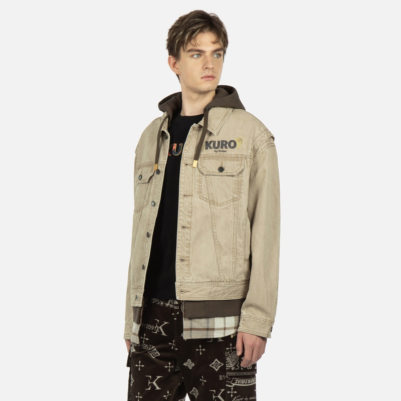 EVISU  Patchwork Denim Jacket with Embroidery in Khaki. 2EAGNM2DJ700LFCT 圖 5