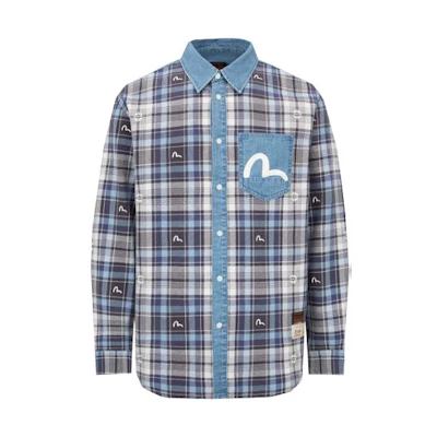 EVISU Plaid Long Sleeve Shirt with Seagull Embroidery Denim Blue 2ESHTM2SL251RXCT