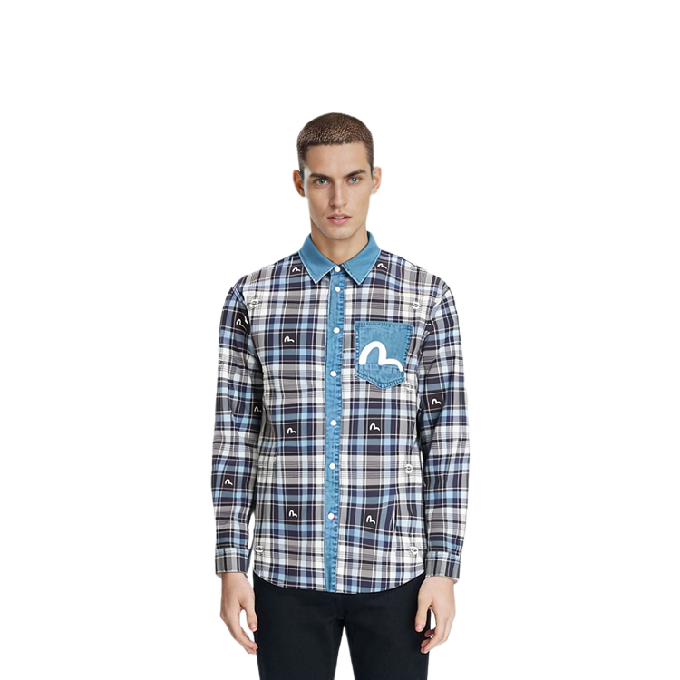 Shop EVISU 格紋長袖襯衫海鷗刺繡牛仔藍 2ESHTM2SL251RXCT
