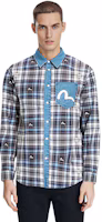 Shop EVISU 格紋長袖襯衫海鷗刺繡牛仔藍 2ESHTM2SL251RXCT