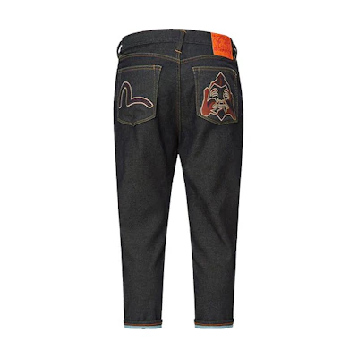 EVISU Seagull & Buddha Embroidered Cropped Denim Jeans in Blue. 2ESHTM1JE10727