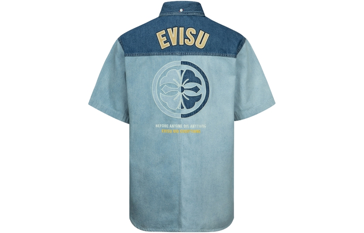 EVISU  Short Sleeve Denim Shirt with Logo Patchwork in Blue. 2ESHTM3SS118LFDN