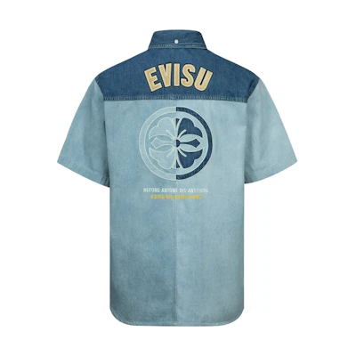 EVISU Short Sleeve Denim Shirt with Logo Patchwork in Blue. 2ESHTM3SS118LFDN