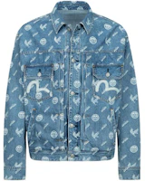 EVISU Single-Breasted Denim Jacket with Print in Blue. 2ESHTM3DJ114LFCT EVISU Single-Breasted Denim Jacket with Print in Blue. 2ESHTM3DJ114LFCT