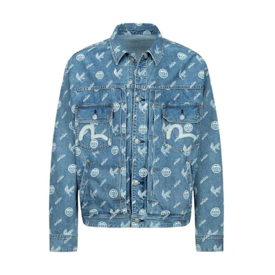EVISU Single-Breasted Denim Jacket with Print in Blue. 2ESHTM3DJ114LFCT