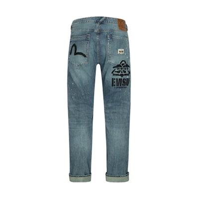 EVISU Slim Fit Distressed Splash Print Jeans in Denim Blue. 2ESHTM4JE807417DP