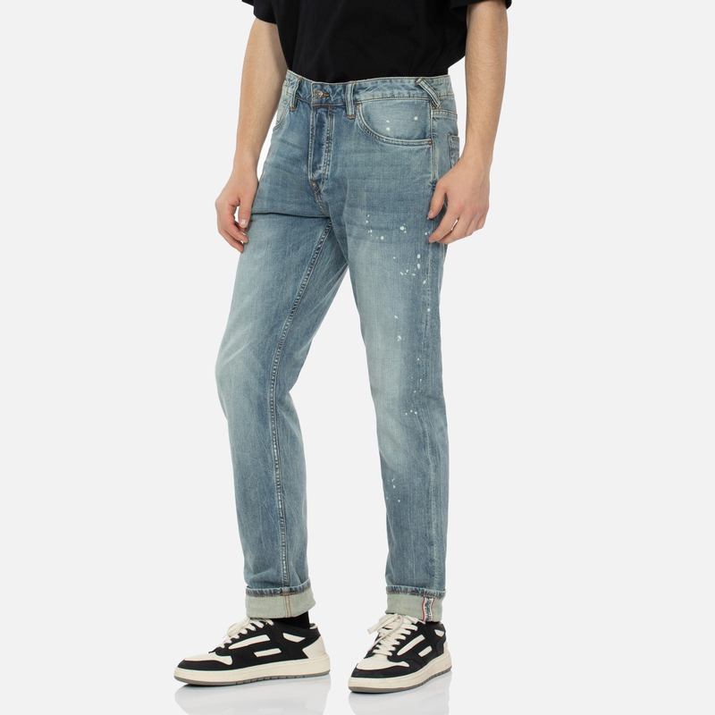 EVISU  Slim Fit Distressed Splash Print Jeans in Denim Blue. 2ESHTM4JE807417DP 圖 5