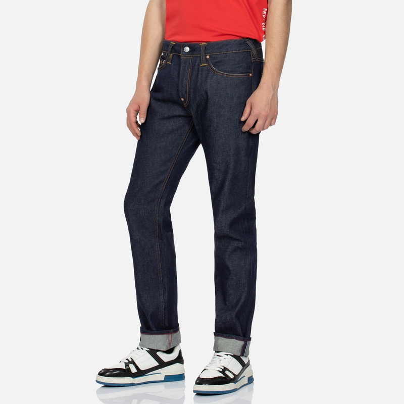 Shop EVISU 修身丹寧牛仔褲(藍色)搭配家紋與海鷗刺繡 2ESHTM3JE15710CT