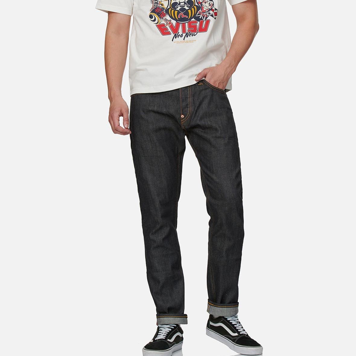 Sizing EVISU修身牛仔裤带拼接大M刺绣蓝色丹宁 2ESHTM1JE91517