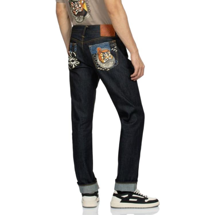 EVISU  Straight-Leg Zipper Jeans with Daruma Print in Blue 2EAHTM3JE105710CTINDW 圖 5
