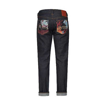 EVISU Tapered Fit Dragon Pocket Denim Jeans - Seagull Logo, Blue. 2EAHTM1JE10910CT