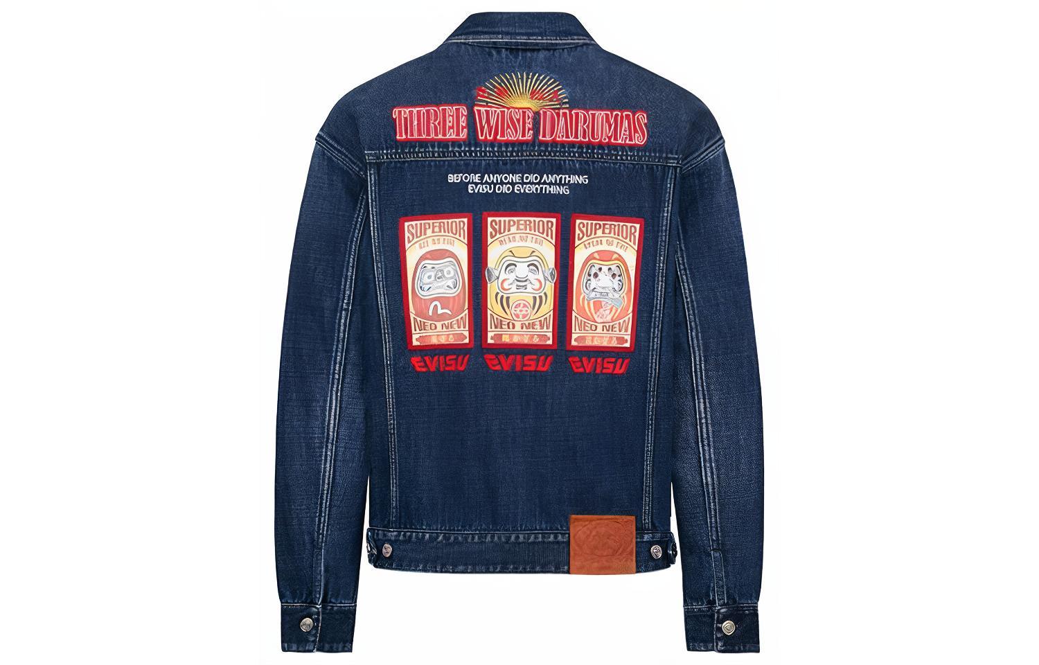 EVISU  Triple Daruma Graphic Embroidered Denim Jacket in Blue. 2EAHTM0DJ216LF