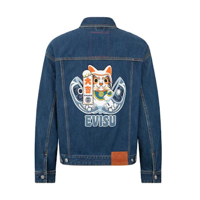 EVISU Washed Denim Jacket with Graphic Print in Blue. 2EAHTM2DJ713LFCT