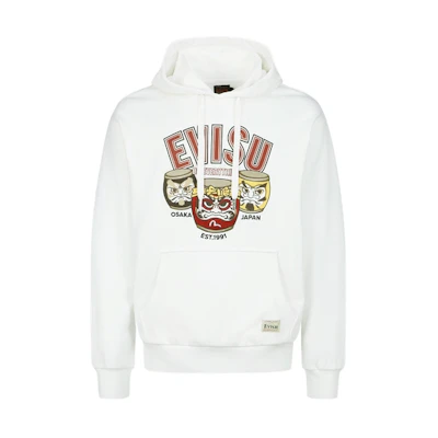 EVISU White Hoodie with Taiko Daruma Embroidery and Logo Print. 2ESHTM3SW377RXCT
