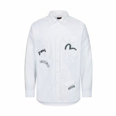 EVISU White Long-Sleeve Shirt with Seagull Logo Pocket Embroidery. 2ESHTM3SL184RXCT