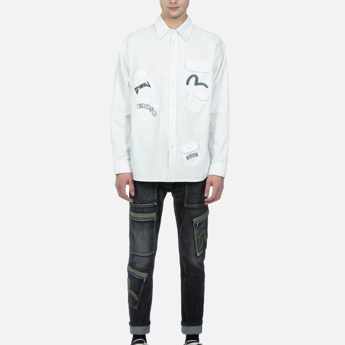 Sizing Camiseta blanca de manga larga EVISU con logo gaviota bordado en el bolsillo. 2ESHTM3SL184RXCT