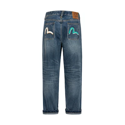 EVISU Wide-Leg Jeans with Seagull Print & Embroidery in Denim Blue. 2ESHTM4JE8021RXDN