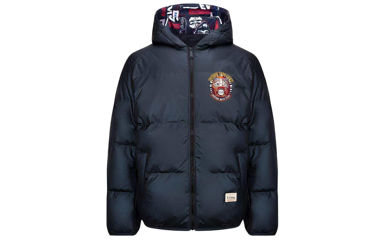EVISU  Winter Black Down Jacket with Daruma Embroidery Hoodie. 2EAHTM1NJ723RXPL