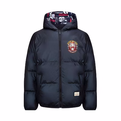 EVISU Winter Black Down Jacket with Daruma Embroidery Hoodie. 2EAHTM1NJ723RXPL