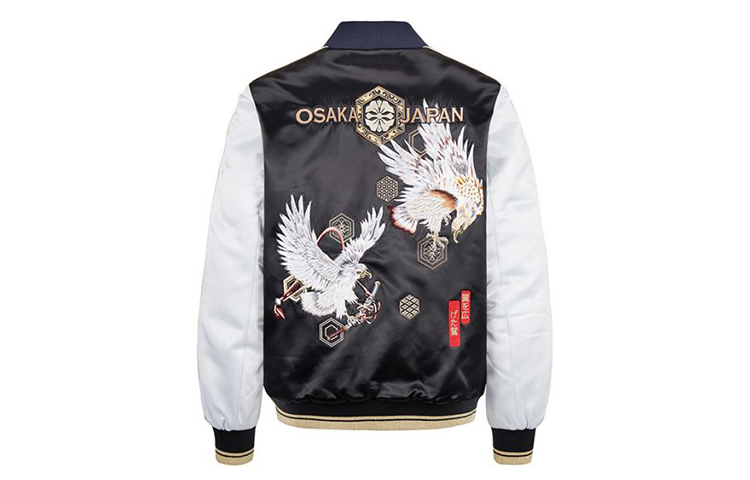 EVISU AW20  Black Jacket with Twin Seagull & Floral Embroidery Details. 2EAHTM0JK708XXNYBK