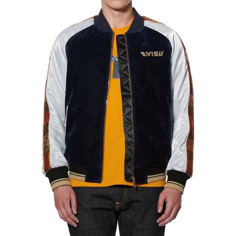 Shop EVISU AW20 黑色夾克，雙海鷗與花卉刺繡細節. 2EAHTM0JK708XXNYBK