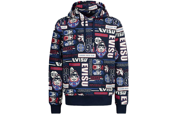 EVISU AW21 Blue Sweatshirt with Allover Daruma Print and Slogan for Men 2EAHTM1SW307XXCT