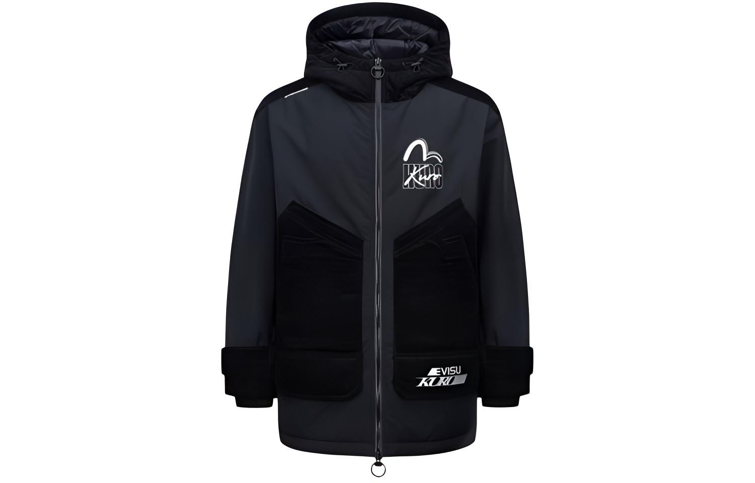 EVISU AW21 Logo Print Patchwork Hoodie Jacket Men Black 2EAGNM1CT767LFPQ