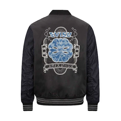 EVISU AW22 Black Quilted Pilot Jacket with Japanese Graphic Patches. 2EAHTM2JK734XXNQ