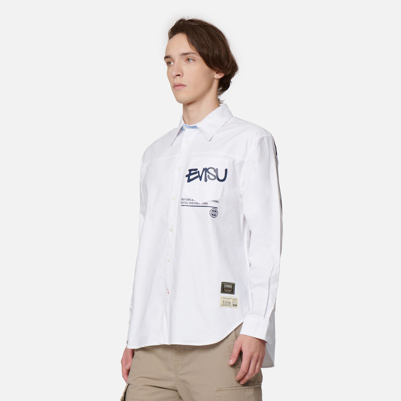 Shop EVISU AW22 Baju Lengan Panjang Reversible Logo M Besar Putih 2EAHTM2SL156RXCT