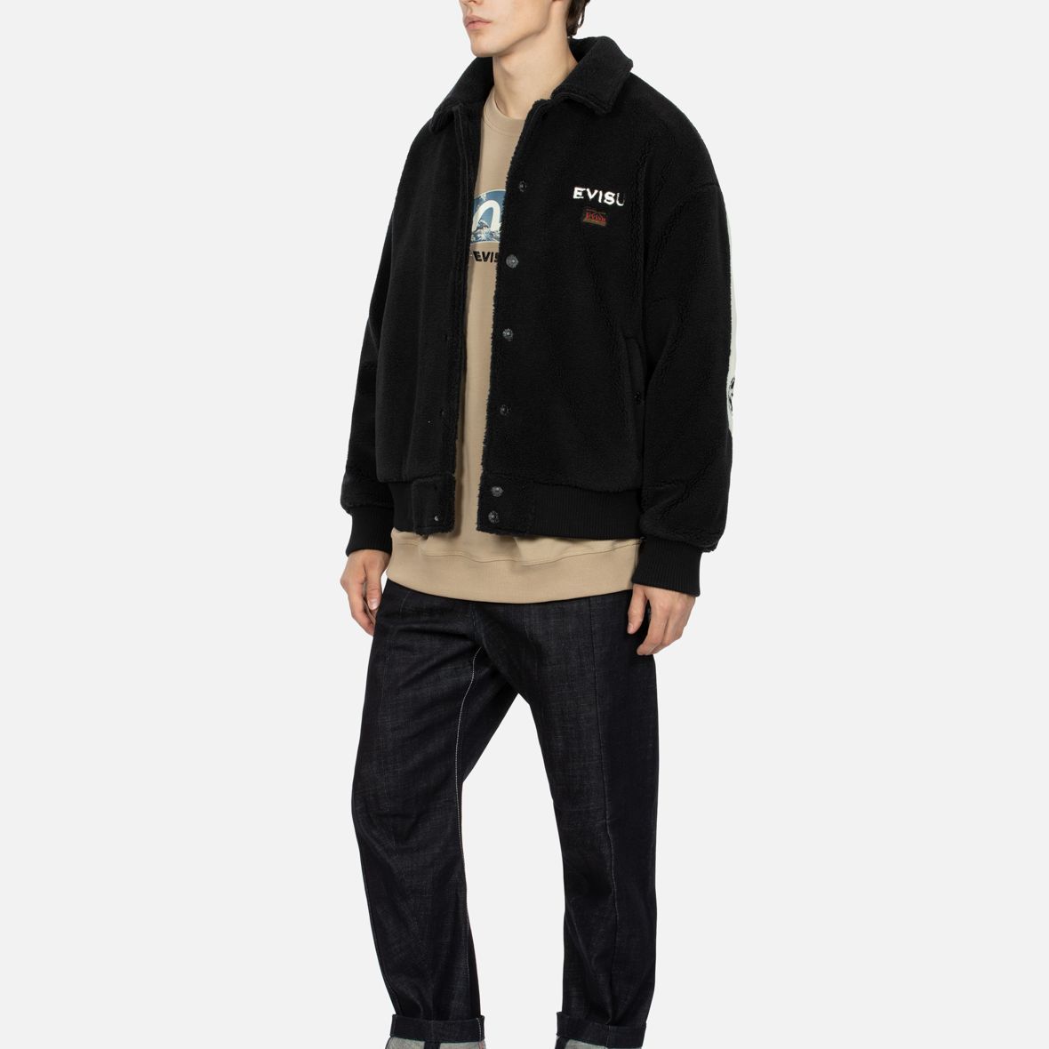 Sizing EVISU AW23 Chaqueta Negra Oversized con Parche Grande M Patchwork 2EAHTM3JK7013LFSH