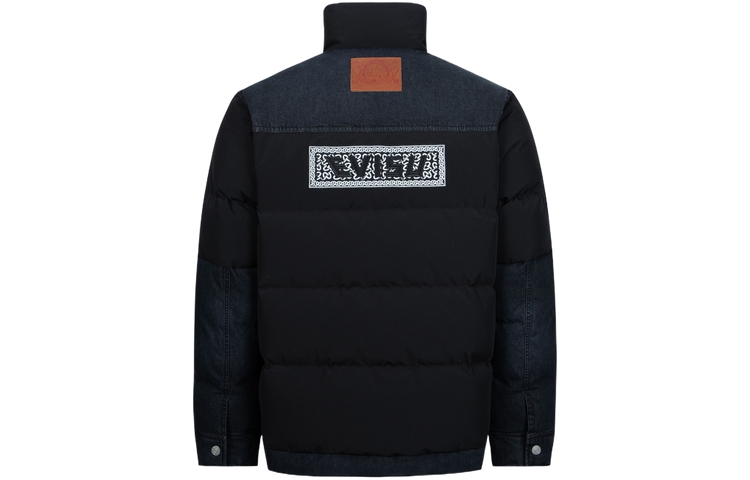 EVISU AW23  Black Down Jacket with Embroidered Logo and Denim Patchwork 2EAHTM3NJ1036XXPL