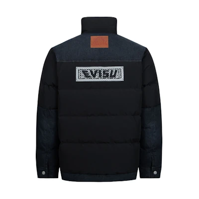 EVISU AW23 Black Down Jacket with Embroidered Logo and Denim Patchwork 2EAHTM3NJ1036XXPL