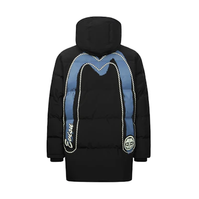 EVISU AW23 Black Seagull Embroidered Down Jacket with Hood. 2EAHTM3NC1037XXPL