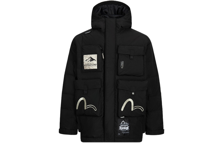 EVISU AW23  Black Seagull Embroidery Multi-Pocket Hooded Down Jacket. 2EAGNM3NJ5097LFCN