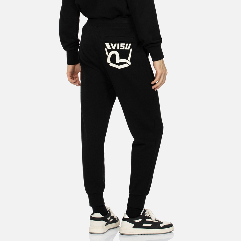 Shop EVISU AW23 黑色海鷗標誌印花運動褲 - 街頭風格款式. 2EAEPM3SP1187XXCT