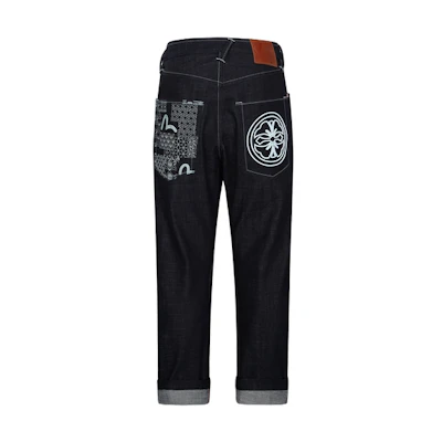 EVISU AW23 Blue Denim Jeans with Seagull & Kamon Pocket Patchwork Design 2EAHTM3JE70523DCS