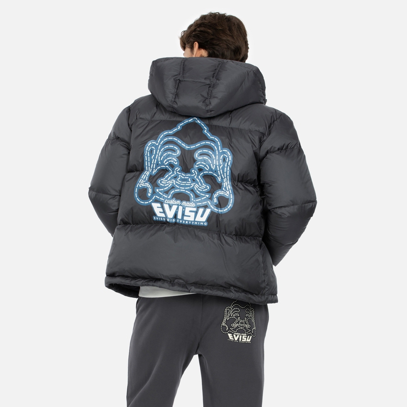 Shop EVISU 秋冬23佛像印花灰色连帽羽绒外套. 2EAEPM3NJ1182XXNY